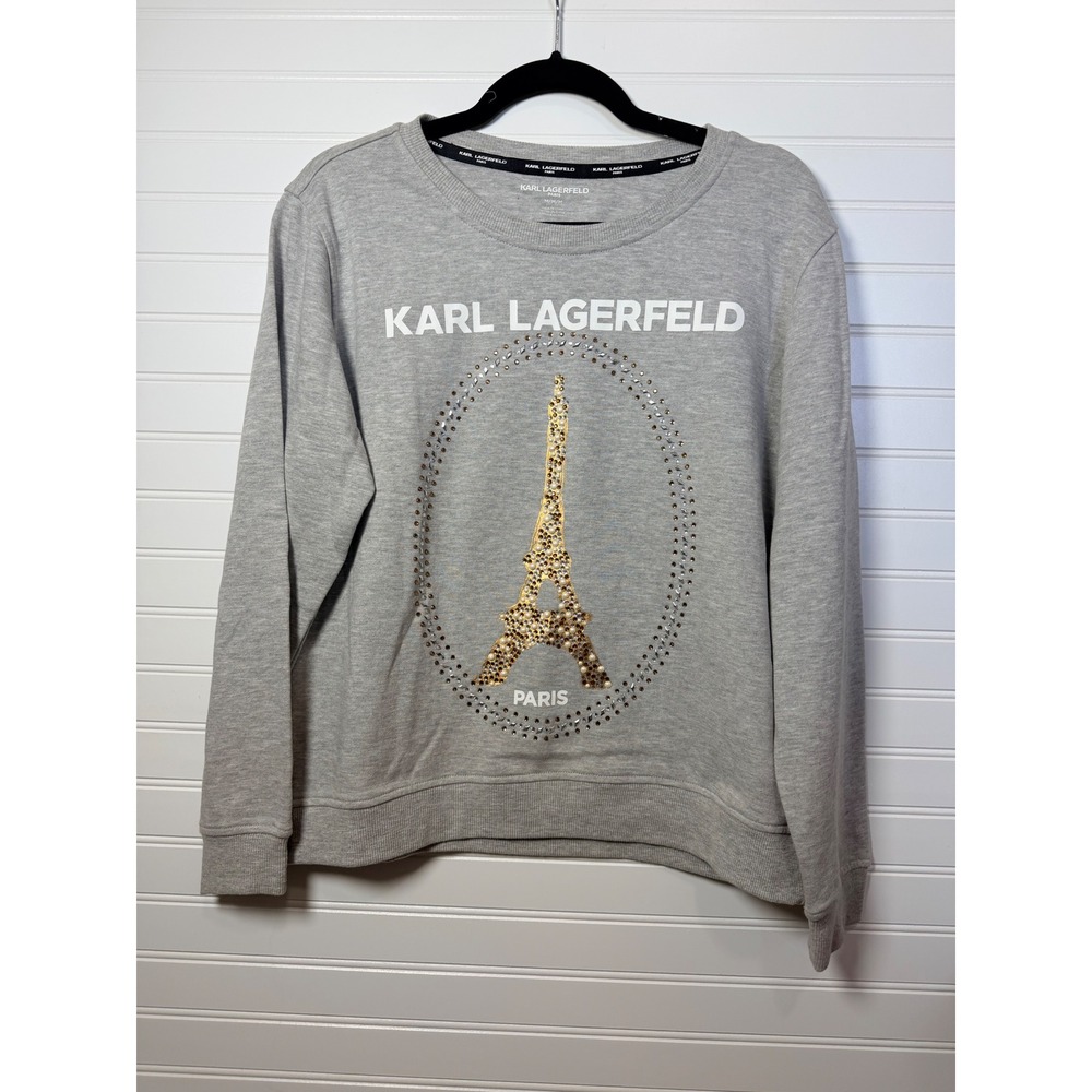 Karl Lagerfeld Paris Womens Gray Eiffel Tower Embellished Sweatshirt Medium
